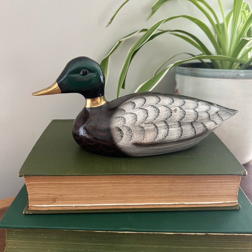 Vintage brass handpainted green mallard duck 9“ Enesco made in India
